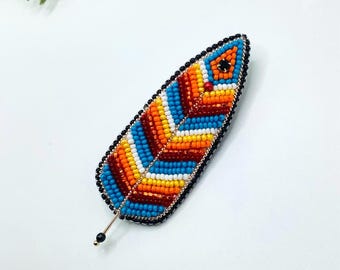 Handmade Beaded Feather Pin Inspired by Indigenous Peoples Symbolism, Handmade Beaded Feather Brooch, Embroidered Feather Pin