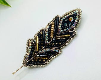 Handmade Beaded Embroidered Phoenix Feather Pin; Beaded Phoenix Feather Brooch; Black, Gold, and Silver Feather Pin; Valentine's Day Gift