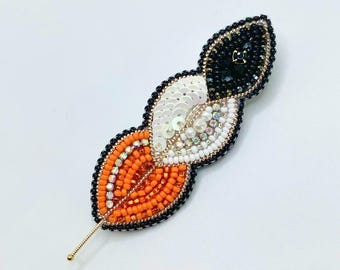 Handmade Beaded Truth and Reconciliation Feather Pin, Beaded Feather Brooch, Orange, White, and Black Feather Pin, Embroidered Feather Pin