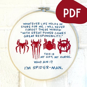 May include: Embroidered Spider-Man hoop art featuring red spider designs and the quote "With great power comes great responsibility." The text "I'm Spider-Man" is also included. The PDF logo is in the upper right corner.