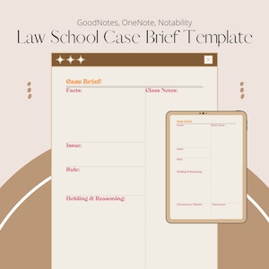 May include: A digital planner template for law school case briefs. The template includes sections for facts, issue, rule, holding & reasoning, and class notes.