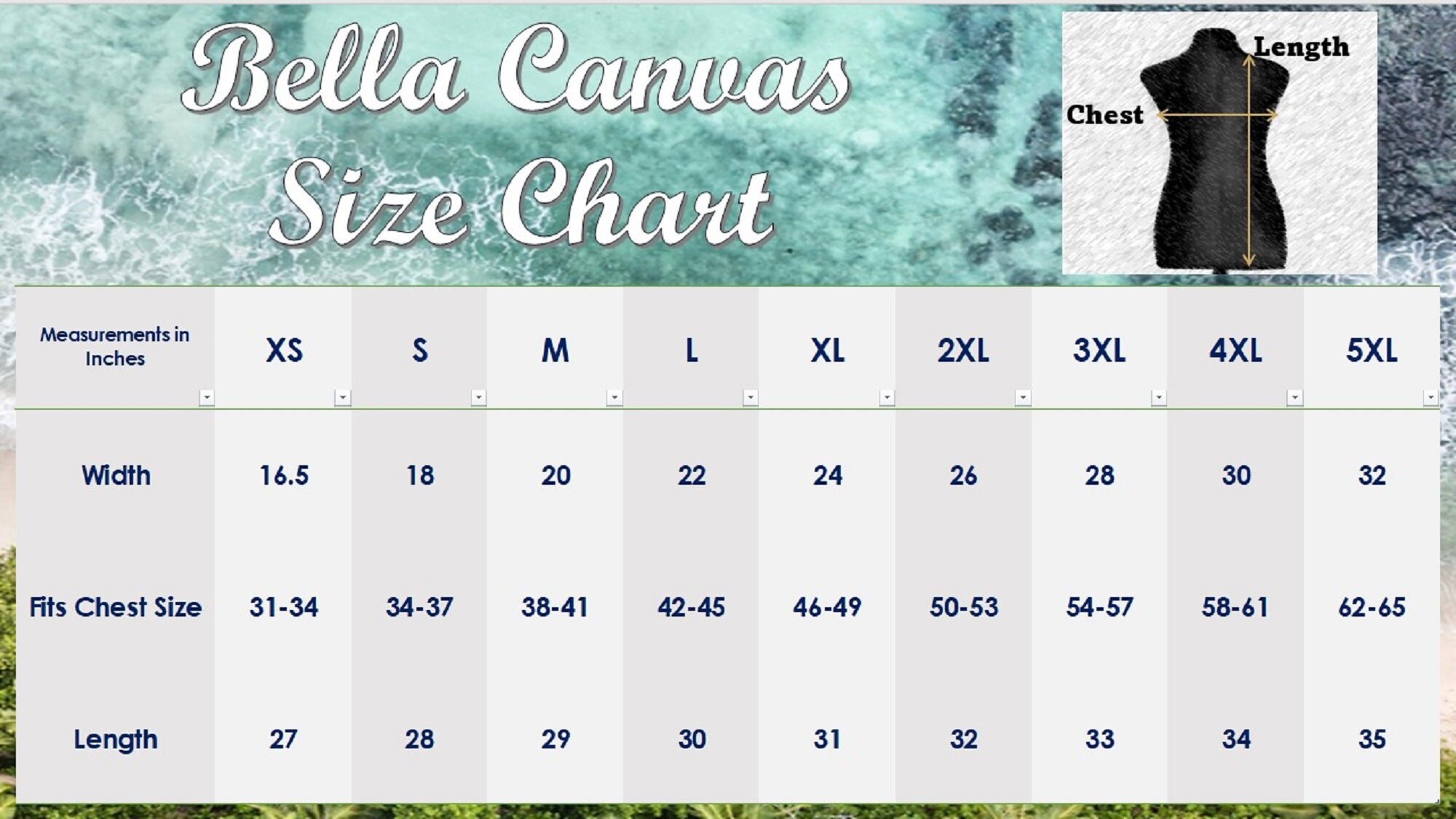 Bella Canvas Size Chart, Bella Canvas 3001 Size Chart, Bella Unisex T