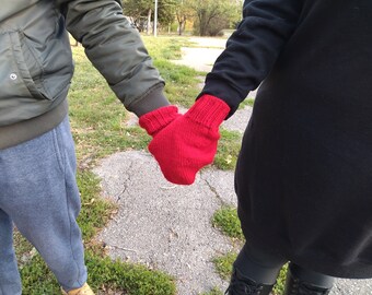 Warm smitten mittens, hand holding mittens, Knit red gloves