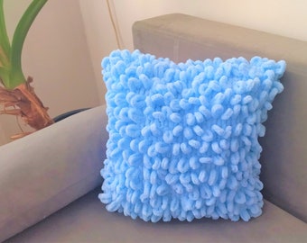 Chenille knit pillow, light blue pillow, knit pillow, chunky yarn pillow, cute cushion, cozy fall décor, pillow whit insert