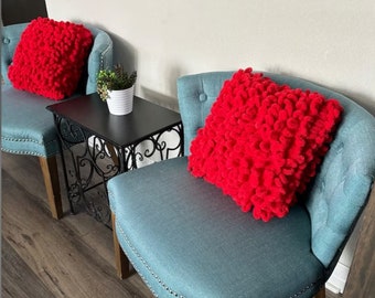 Chenille knit red pillow, knit pillow, chunky yarn pillow, cute cushion, cozy fall décor, pillow whit insert