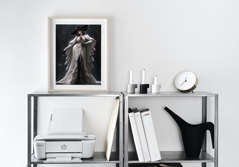 May include: A white printer sits on a metal shelf with a framed print of a woman in a white dress and hat. The print is on a white background. There are three candlesticks on the shelf above the printer, and a clock on the shelf above the candlesticks.