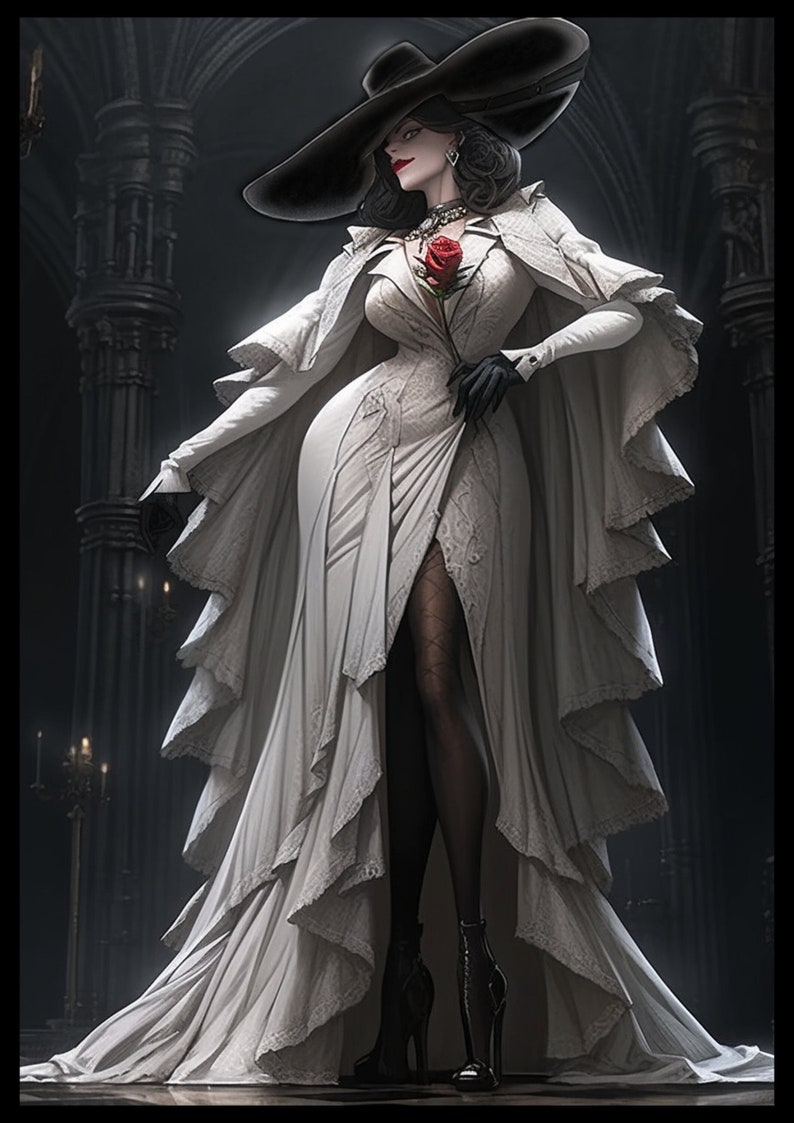 May include: A woman in a long white gown with a black lace trim and a wide-brimmed black hat. She is holding a single red rose and wearing black gloves and heels.