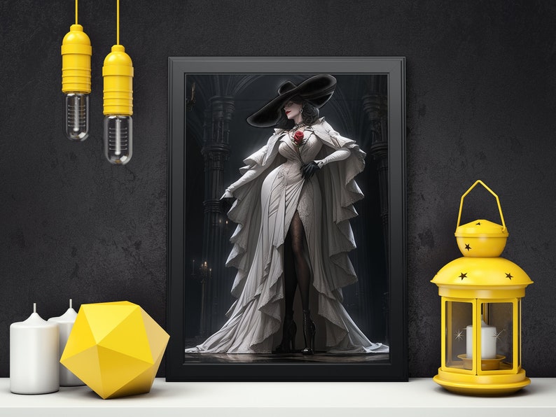 May include: A framed print of a woman in a white gown and black hat, standing in a dark, gothic setting. She holds a red rose in her hand.