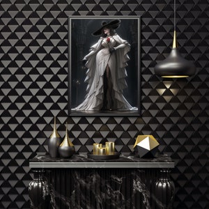 May include: A black and gold decorative console table with a marble top. The table is decorated with two gold and black vases, three gold candles, and a gold geometric sculpture. A framed picture of a woman in a white gown with a black hat and a red rose is hanging on the wall behind the table.