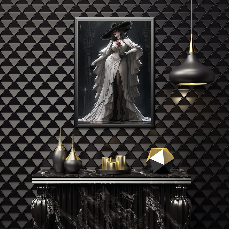 May include: A black and gold decorative console table with a marble top. The table is decorated with two gold and black vases, three gold candles, and a gold geometric sculpture. A framed picture of a woman in a white gown with a black hat and a red rose is hanging on the wall behind the table.