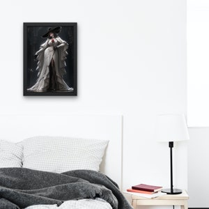 May include: A framed illustration of a woman in a long white dress and a wide-brimmed black hat, standing in a dark, gothic setting.