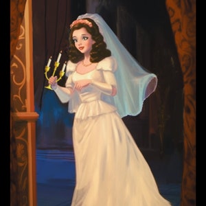 Peut inclure: Une femme en robe de mariée blanche avec un voile et une couronne florale tient un chandelier à trois bougies allumées. L'arrière-plan est une pièce sombre avec un miroir et des rideaux.