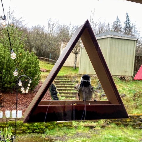 Mangeoire pour oiseaux avec fenêtre - Mangeoire triangulaire pyramidale originale imprimée en 3D - Fabriquée à Portland - Oregon - États-Unis - Est. 2022 -