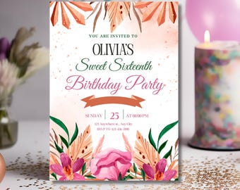 Sweet Sixteen Digital Birthday Party Invitation | Editable Canva Template | Floral Birthday Party Invite Any Date| Printable Card