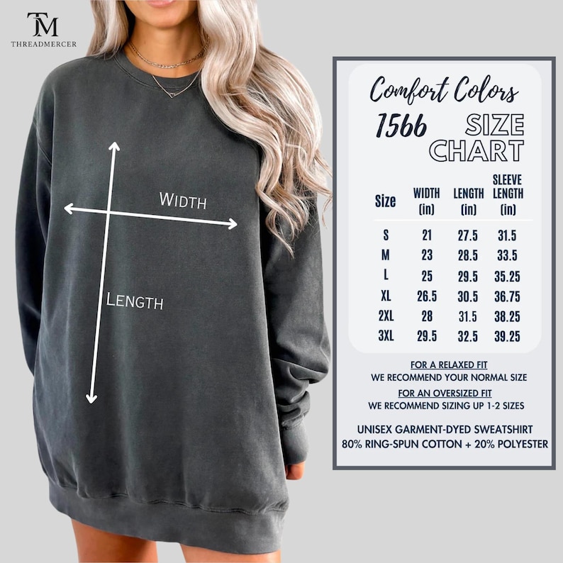May include: Dark gray unisex garment-dyed sweatshirt with a size chart. The chart shows measurements in inches for width, length, and sleeve length. The sweatshirt is made of 80% ring-spun cotton and 20% polyester.