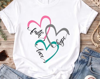 Faith Hope Love Heart Shirt, Christian Graphic Tee, Inspirational Bible T-Shirt, Religious Gift for Women, Faith-Based Apparel