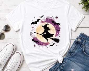 Witch Halloween Shirt, Witch on Broomstick T-Shirt, Spooky Moon Bat Graphic Tee, Witchy Autumn Gift, Halloween Witch Top