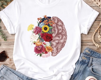 Floral Brain Anatomy Shirt, Mental Health Awareness T-Shirt, Psychology Gift, Therapist Counselor Tee, Botanical Brain Graphic Unisex Tee