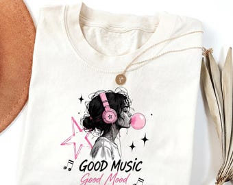 Comfort Colors® Good Music Good Mood Shirt, Music Graphic Tee, Headphones Bubble Gum T-Shirt, Aesthetic Vintage Shirt, Gift for Music Lovers