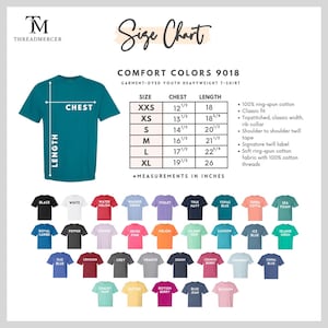 May include: A teal Comfort Colors youth heavyweight t-shirt with a size chart. The chart lists chest and length measurements in inches for sizes XXS to XL. The image also shows a variety of t-shirt colors.