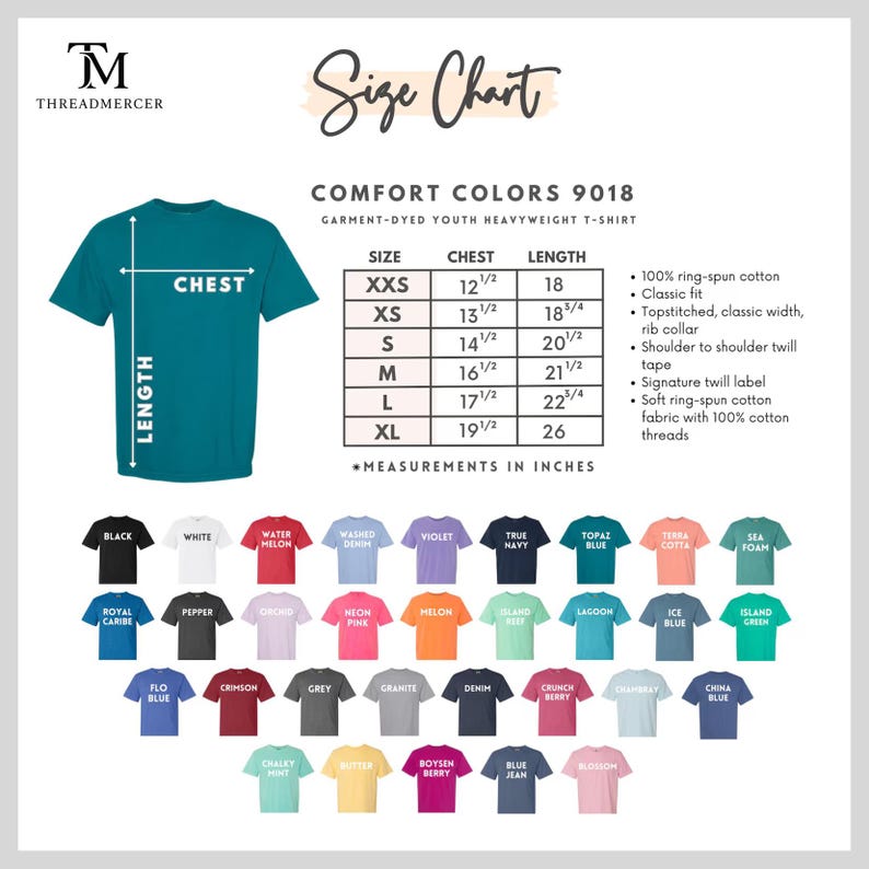 May include: A teal Comfort Colors youth heavyweight t-shirt with a size chart. The chart lists chest and length measurements in inches for sizes XXS to XL. The image also shows a variety of t-shirt colors.