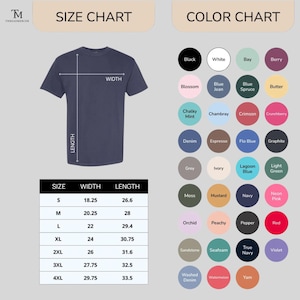 May include: A navy blue t-shirt with a size and color chart. The size chart shows measurements in inches for width and length, ranging from size S to 4XL. The color chart displays various color options.