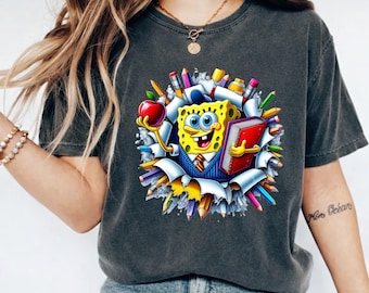 Sponge Cartoon Teacher Shirt, Back to School Tee, Funny Teacher Gift, Apple Book School Supplies Graphic T-Shirt, Classroom Teacher Apparel