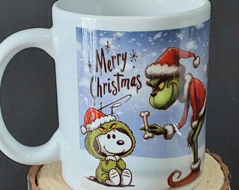 Snoopy and The Grinch Christmas Mug, Peanuts Cartoon: Birthday Gift, Christmas Stocking Filler
