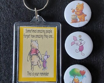 Winnie the Pooh Badges and Keyring Set, Pooh and Piglet Keyring: Gift Pack, Stocking Filler