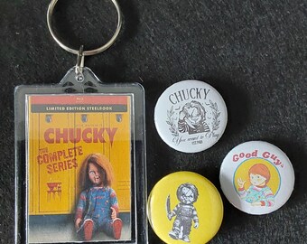 Chucky Badge  and Key Ring Set,Horror: Gift Pack, Stocking Filler - Halloween