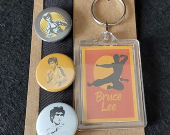 Bruce Lee Keyring and Pin Badges,  Martial Arts Badge and Bag Accessory: Stocking Filler,  Gift