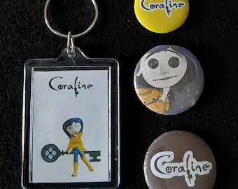 Coraline Badges and Keyring Set: Coraline Pin Badges Gift Pack, Stocking Filler