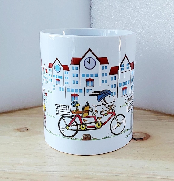 Snoopy Cycling Mug, Peanuts Woodstock Cartoon, Ideal Birthday Gift Christmas too..