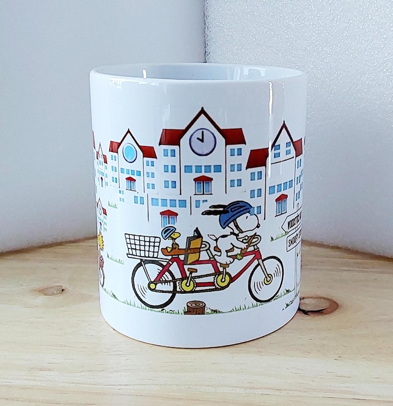 Snoopy Cycling Mug, Peanuts Woodstock Cartoon, Ideal Birthday Gift Christmas too.. image 1