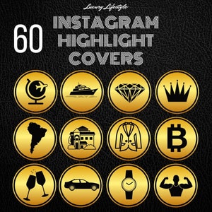 May include: Set of 12 gold circle Instagram highlight covers with black icons. Icons include a globe, a yacht, a diamond, a crown, a map of South America, a house, a suit jacket, a Bitcoin symbol, a pair of champagne flutes, a car, a watch, and a person lifting weights.