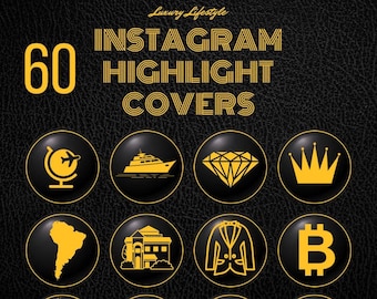 Könnte beinhalten: Ein Satz von 9 gelben Instagram-Highlight-Covern mit verschiedenen Symbolen, darunter ein Globus, eine Yacht, ein Diamant, eine Krone, eine Karte von Südamerika, ein Gebäude, ein Smoking, ein Bitcoin-Symbol, ein Paar Champagnerflöten, ein Auto, eine Uhr und eine Person, die ihre Muskeln spielen lässt. Der Text "60 INSTAGRAM HIGHLIGHT COVERS" befindet sich oben im Bild.