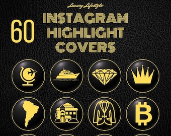 Könnte beinhalten: Satz von 9 gelben Instagram-Highlight-Covern mit schwarzen Symbolen auf einem schwarzen Lederhintergrund. Die Symbole umfassen einen Globus, eine Yacht, einen Diamanten, eine Krone, Südamerika, ein Haus, einen Anzug, Bitcoin, Champagnergläser, ein Auto, eine Uhr und einen Bodybuilder.