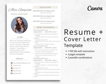 May include: A resume and cover letter template designed in Canva. The template is a three-page document with a modern design and includes instructions for use. The template is available in two possible combinations.