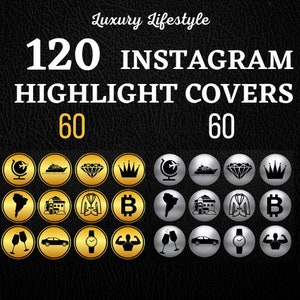 May include: 120 Instagram highlight covers in gold and silver. The covers feature icons such as a globe, a yacht, a diamond, a crown, a continent, a building, a suit, a bitcoin, a champagne glass, a car, a watch, and a muscle man.