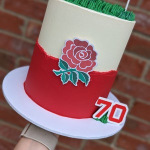 Rugby Themed Cake Topper with age and name cake charm | Red and white glitter card