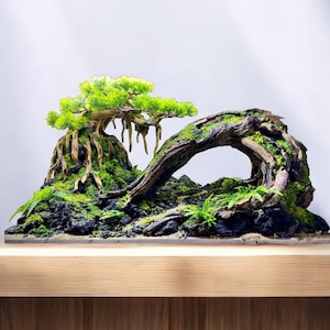 May include: A miniature bonsai tree and driftwood aquascape. The scene features a small tree with green foliage and exposed roots, set on a mossy rock formation. A large piece of driftwood arches over the scene, creating a naturalistic underwater environment.