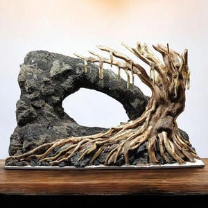 Aquarium Cave Rocks with Driftwood Stump | Aquascape Fish Tank Ornament | Small-Large Size