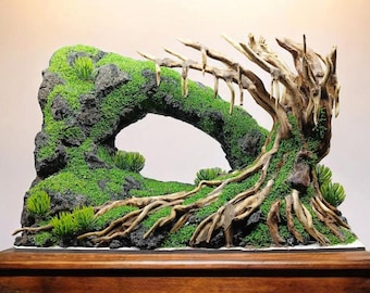 Aquarium Aquascape Cave with Driftwood & Rocks Fake Moss | Fish Decorations, Shrimp, Axolotl