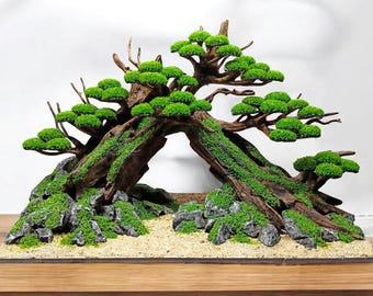 Arbre en bois flotté et fausse mousse pour aquarium (bonsaï) | Décoration aquascaping | Décoration pour aquarium à betta | Habitat pour crevettes | Ornement style nature