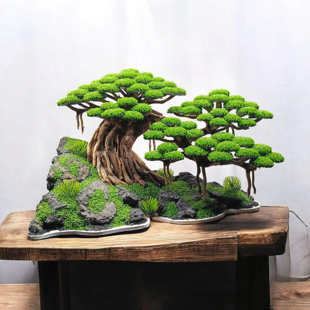 水槽用盆栽流木フェイク苔ツリー｜ベタやエビの装飾用盆栽｜小型～大型