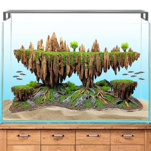 May include: An aquarium with a unique, layered landscape design. The centerpiece is a floating island structure made of wood and greenery, with small trees and moss. Small, colorful fish swim in the water, creating a vibrant underwater scene.