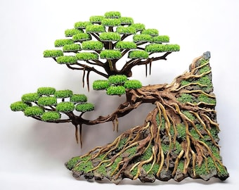 Puede incluir: Un árbol bonsái decorativo con un tronco de madera marrón y desgastado y follaje verde. El árbol está montado sobre una base de roca con musgo y raíces.