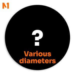 Könnte beinhalten: Ein schwarzer Kreis mit einem weißen Fragezeichen in der Mitte und dem orangefarbenen Text "Various diameters" darunter. Ein orangefarbenes "M" befindet sich in der oberen linken Ecke.