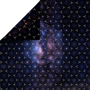 May include: A cosmic pattern featuring a deep blue and purple galaxy design with white geometric shapes. The design includes stars and the Milky Way, creating a cosmic aesthetic. The pattern is repeated across the surface.