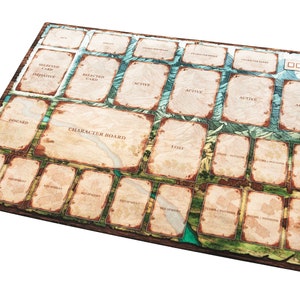Può includere: Un tappetino rettangolare per giochi da tavolo con un layout dettagliato. Il tappetino presenta varie sezioni etichettate per carte, equipaggiamento e azioni dei giocatori, con testo come "Character Board" e "Equipment". Il design incorpora un'estetica rustica, simile alla pergamena, con un bordo in legno.
